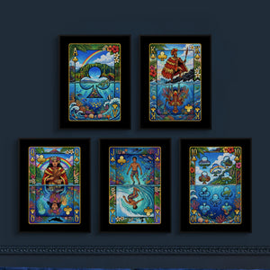 Hawaiian Playing Card Wall Art - 5 Piece Poker Set framed set on a deep navy lounge wall