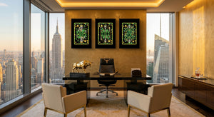 Money Skull Playing Card Art - King Queen Jack Set black-framed canvas in a room