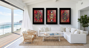 Samurai Playing Card Art - King Queen Jack Set black-framed canvas in a room
