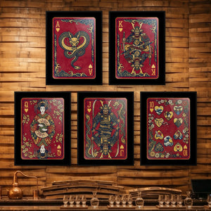 Samurai Playing Card Wall Art - 5 Piece Poker Set framed set on a wooden bar wall