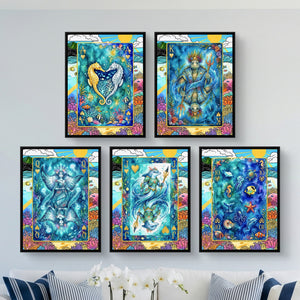 Sea Life Playing Card Wall Art - 5 Piece Poker Set framed set in a bright living room
