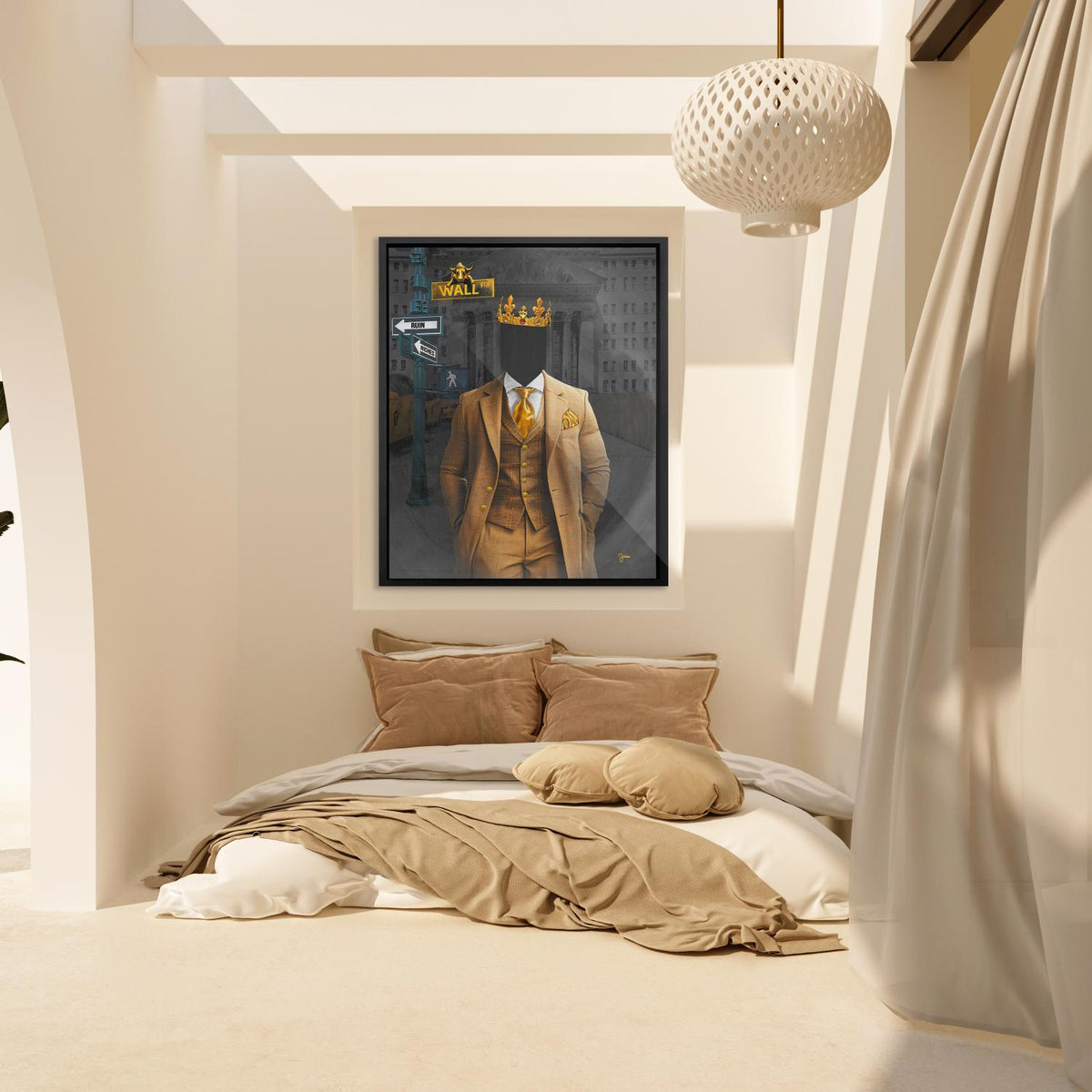 Wall Street Riches canvas art of a crowned figure in a gold suit hanging above a bed
