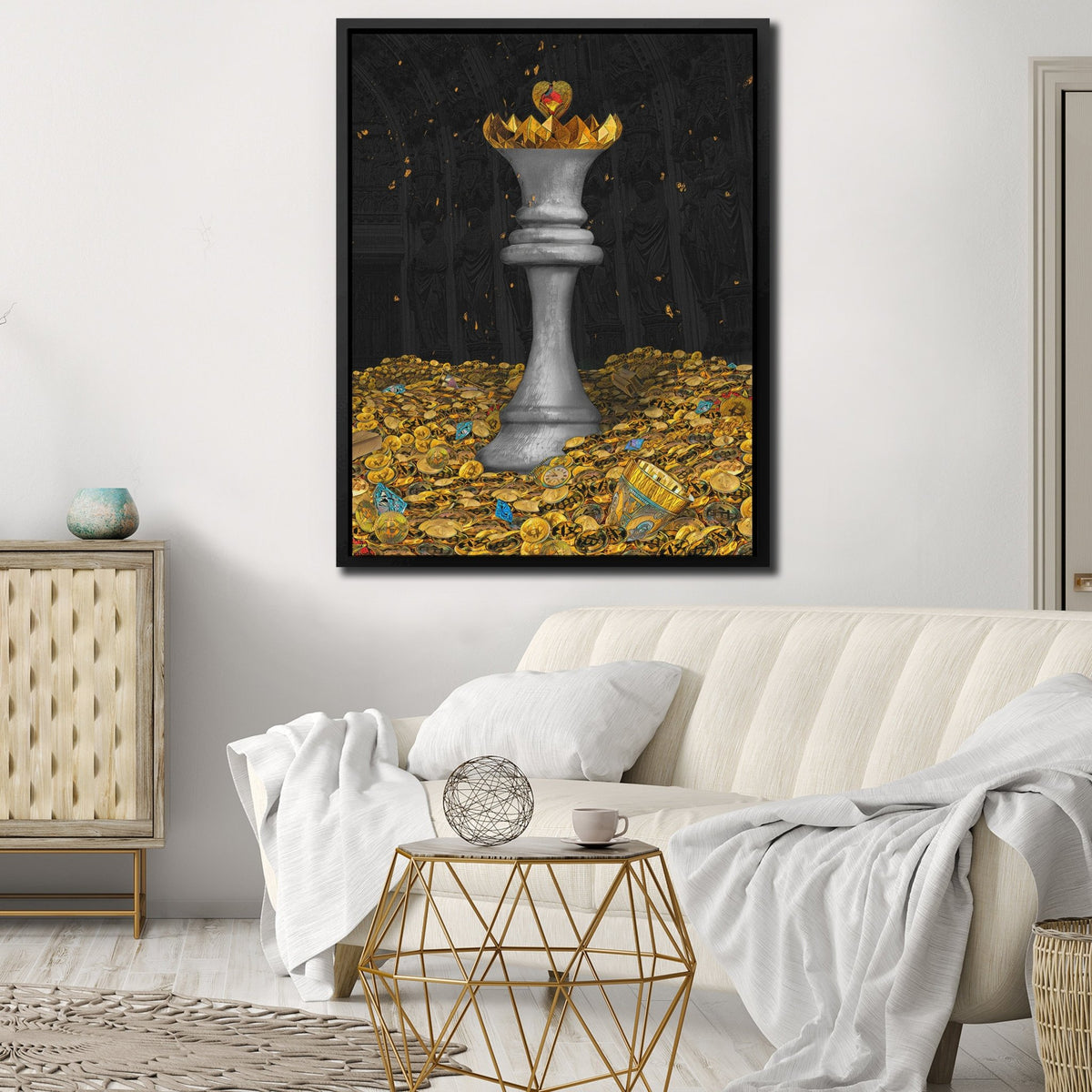White Bitcoin Chess Queen - Thedopeart Canvas