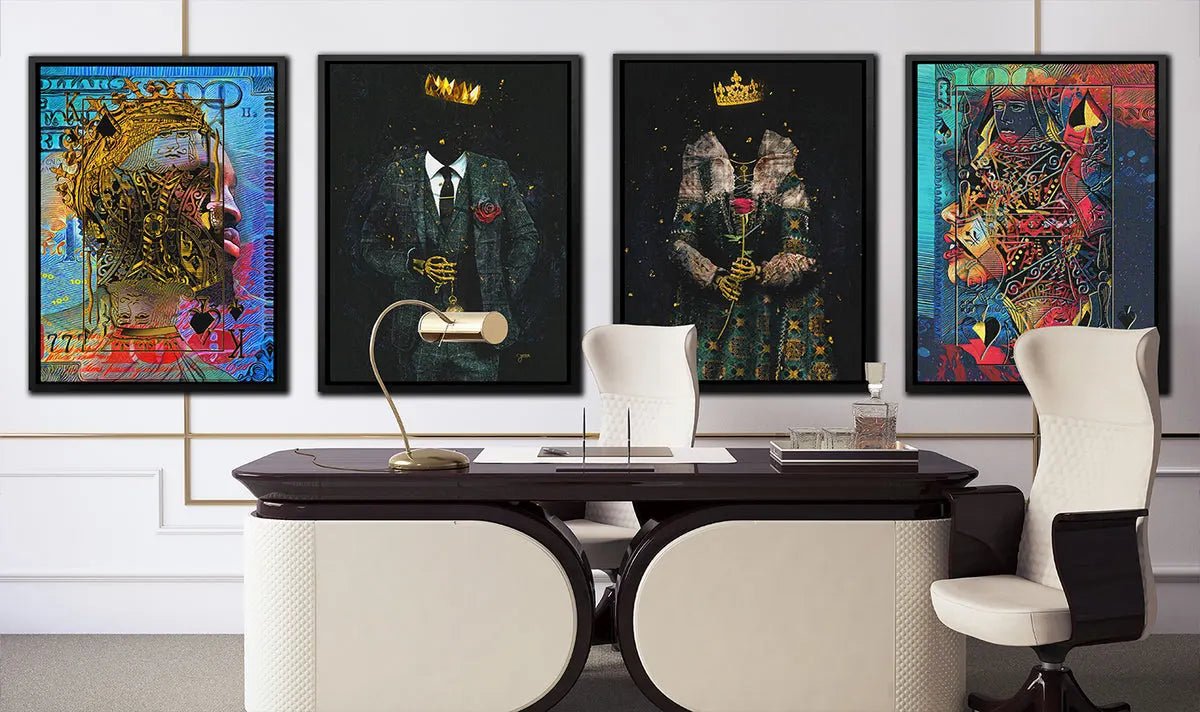 Four framed Dope Art canvases including playing card and royalty designs above an office desk