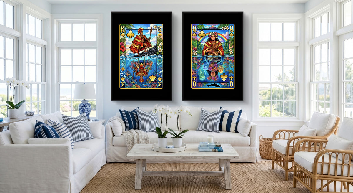 Hawaiian Playing Card Art - King & Queen 2 Piece Set black-framed canvas in a room