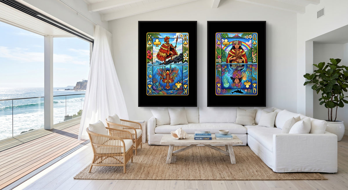 Hawaiian Playing Card Art - King & Queen 2 Piece Set black-framed canvas in a room