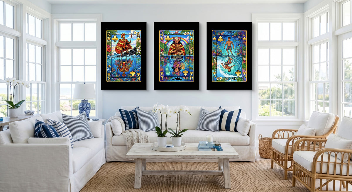 Hawaiian Playing Card Art - King Queen Jack 3 Piece gallery-wrap canvas in a room