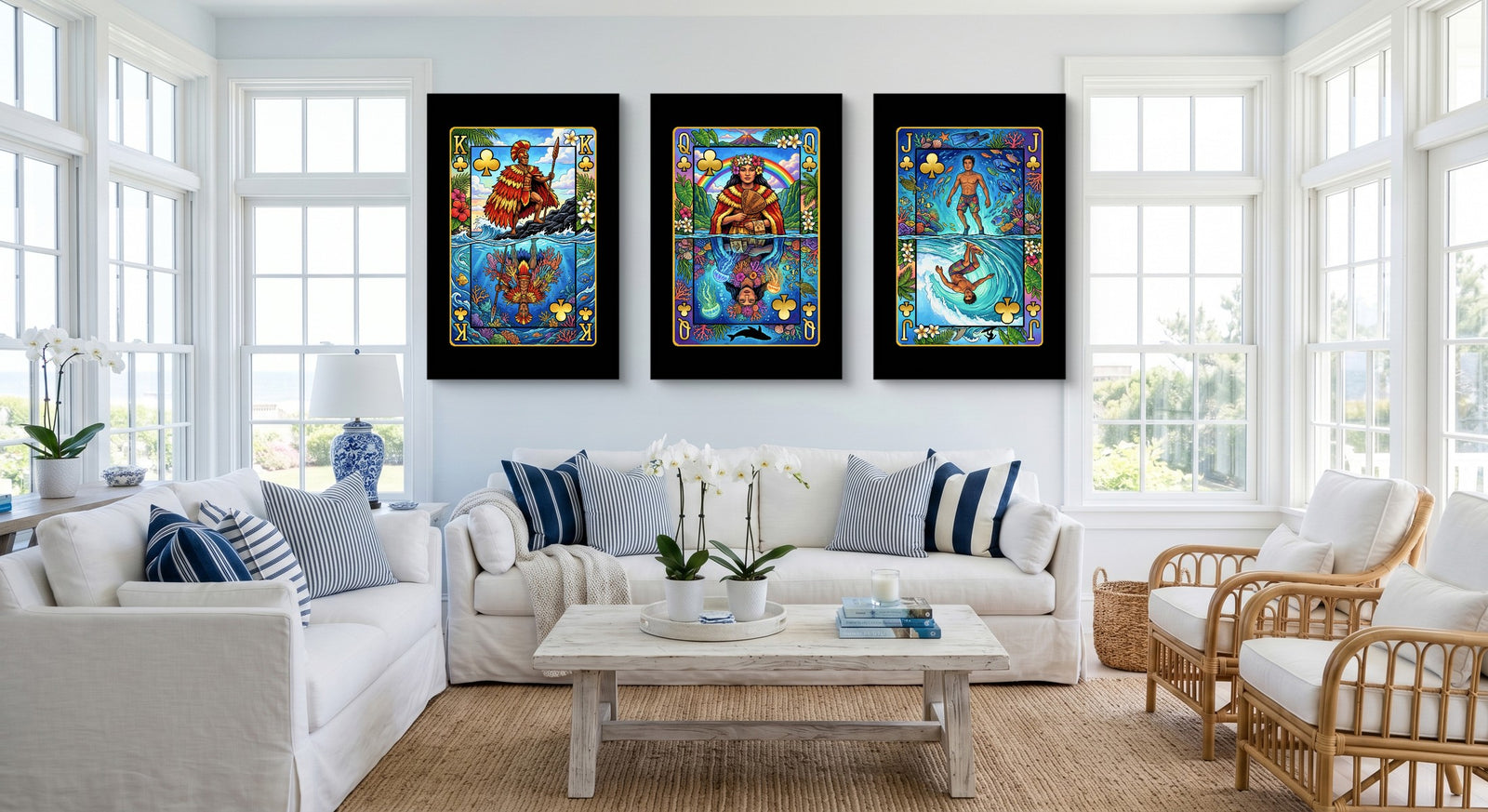 Hawaiian Playing Card Art - King Queen Jack 3 Piece canvas set on white