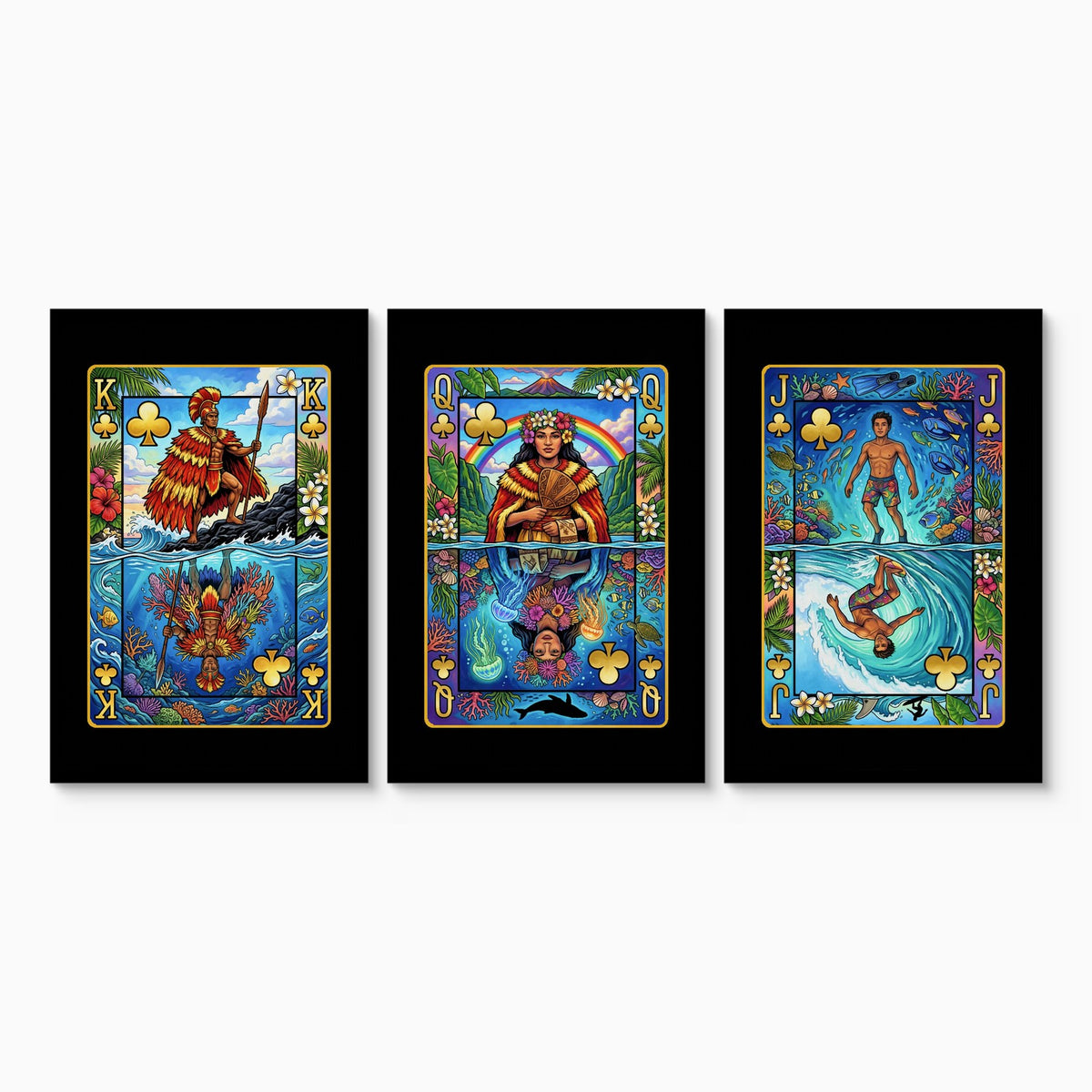 Hawaiian Playing Card Art - King Queen Jack 3 Piece canvas set on white