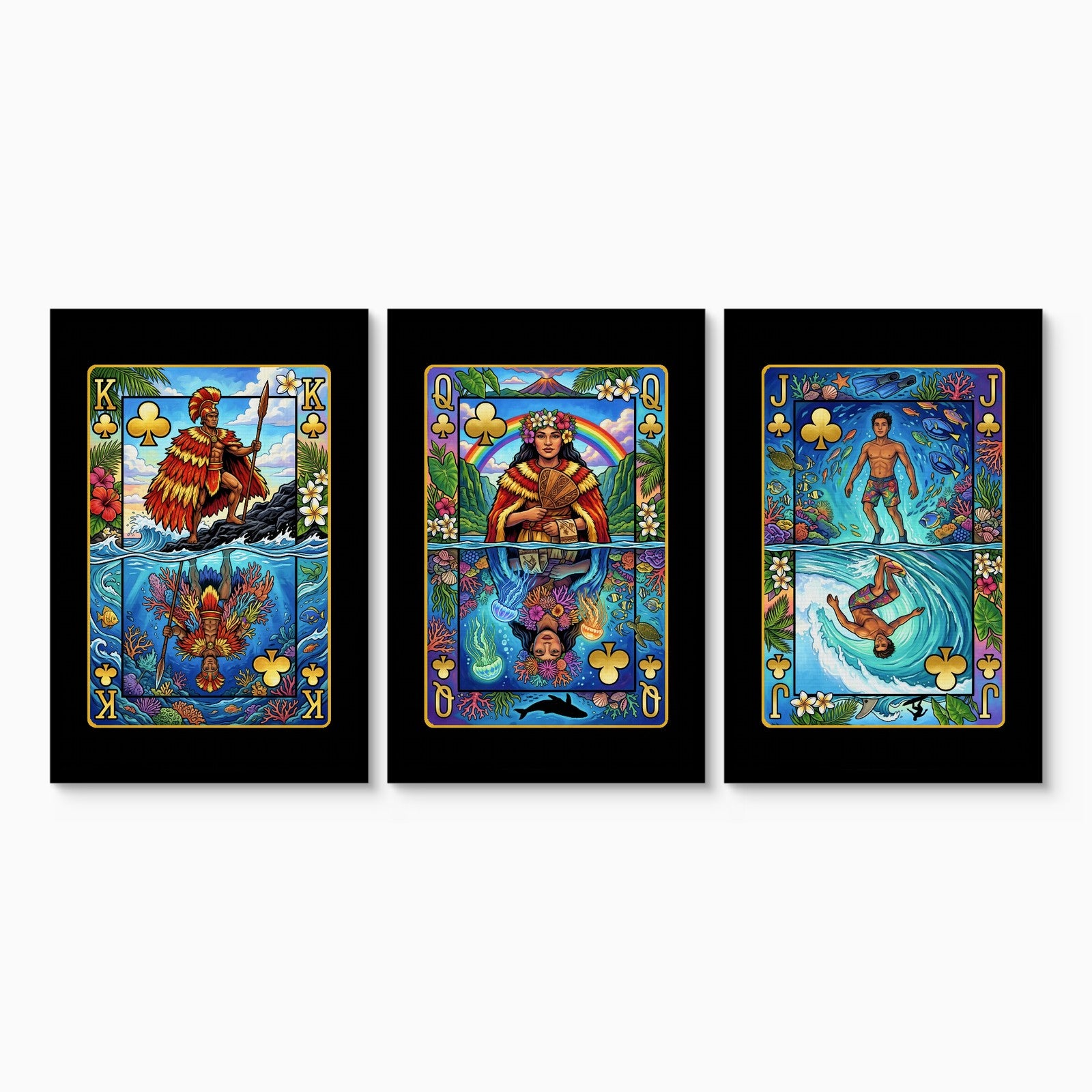 Hawaiian Playing Card Art - King Queen Jack 3 Piece canvas set on white