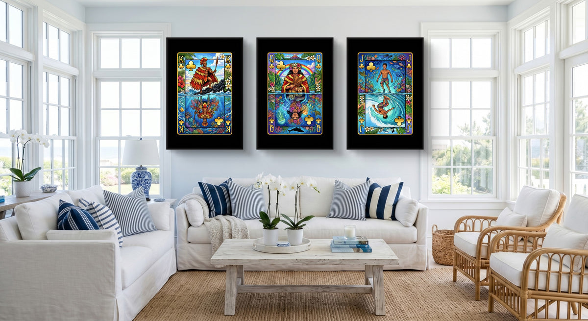 Hawaiian Playing Card Art - King Queen Jack 3 Piece black-framed canvas in a room