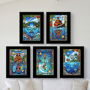 Hawaiian Playing Card Wall Art - 5 Piece Poker Set framed set in a bright coastal villa