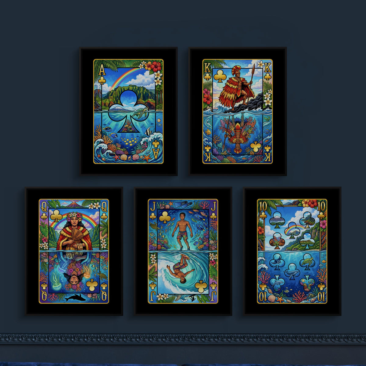 Hawaiian Playing Card Wall Art - 5 Piece Poker Set framed set on a deep navy lounge wall