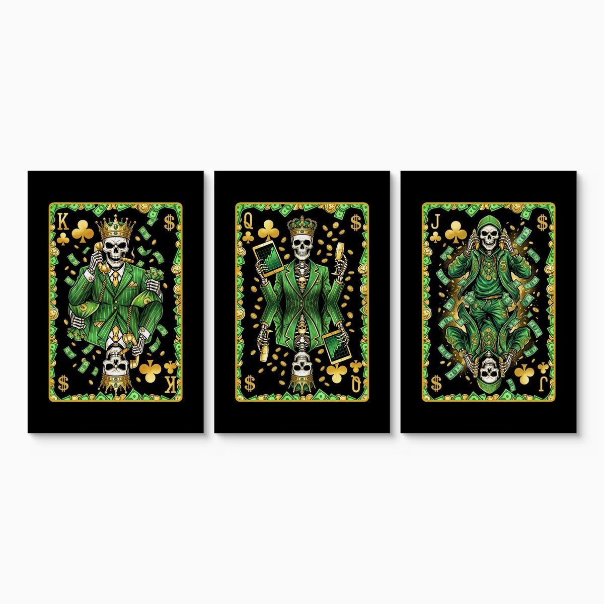 Money Skull Playing Card Art - King Queen Jack Set - Thedopeart