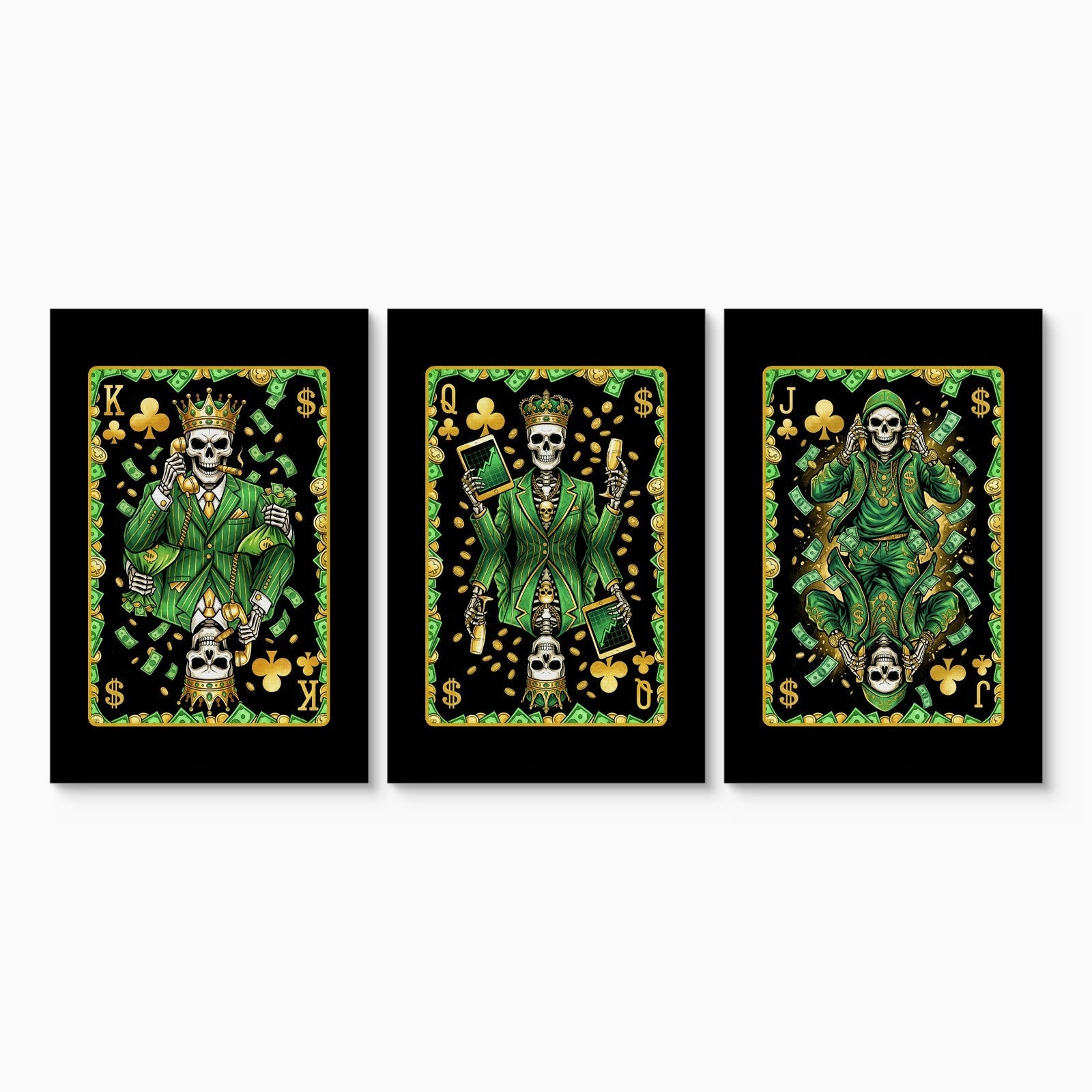 Money Skull Playing Card Art - King Queen Jack Set - Thedopeart