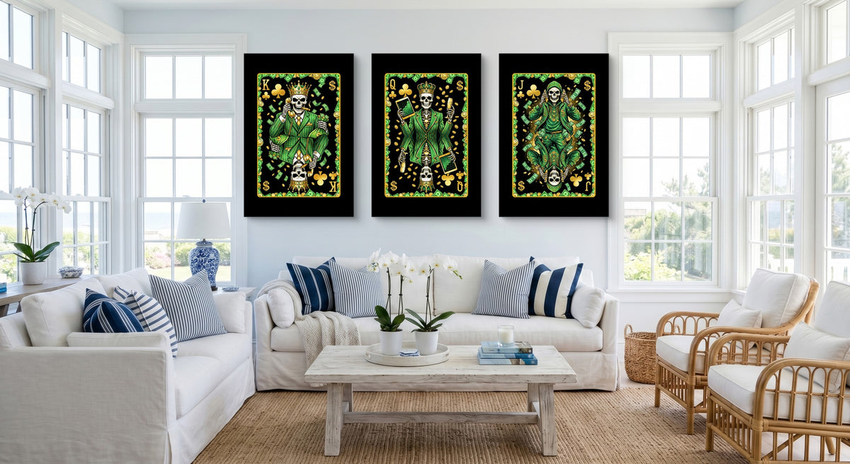Money Skull Playing Card Art - King Queen Jack Set gallery-wrap canvas in a room