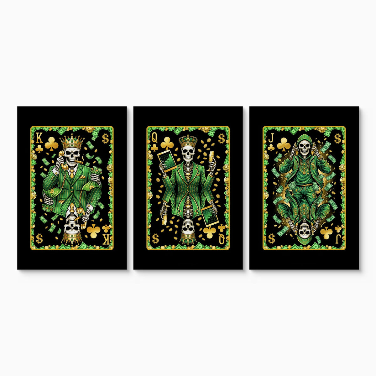 Money Skull Playing Card Art - King Queen Jack Set canvas set on white