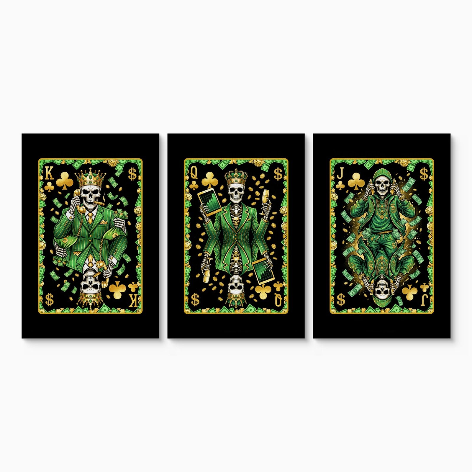 Money Skull Playing Card Art - King Queen Jack Set canvas set on white