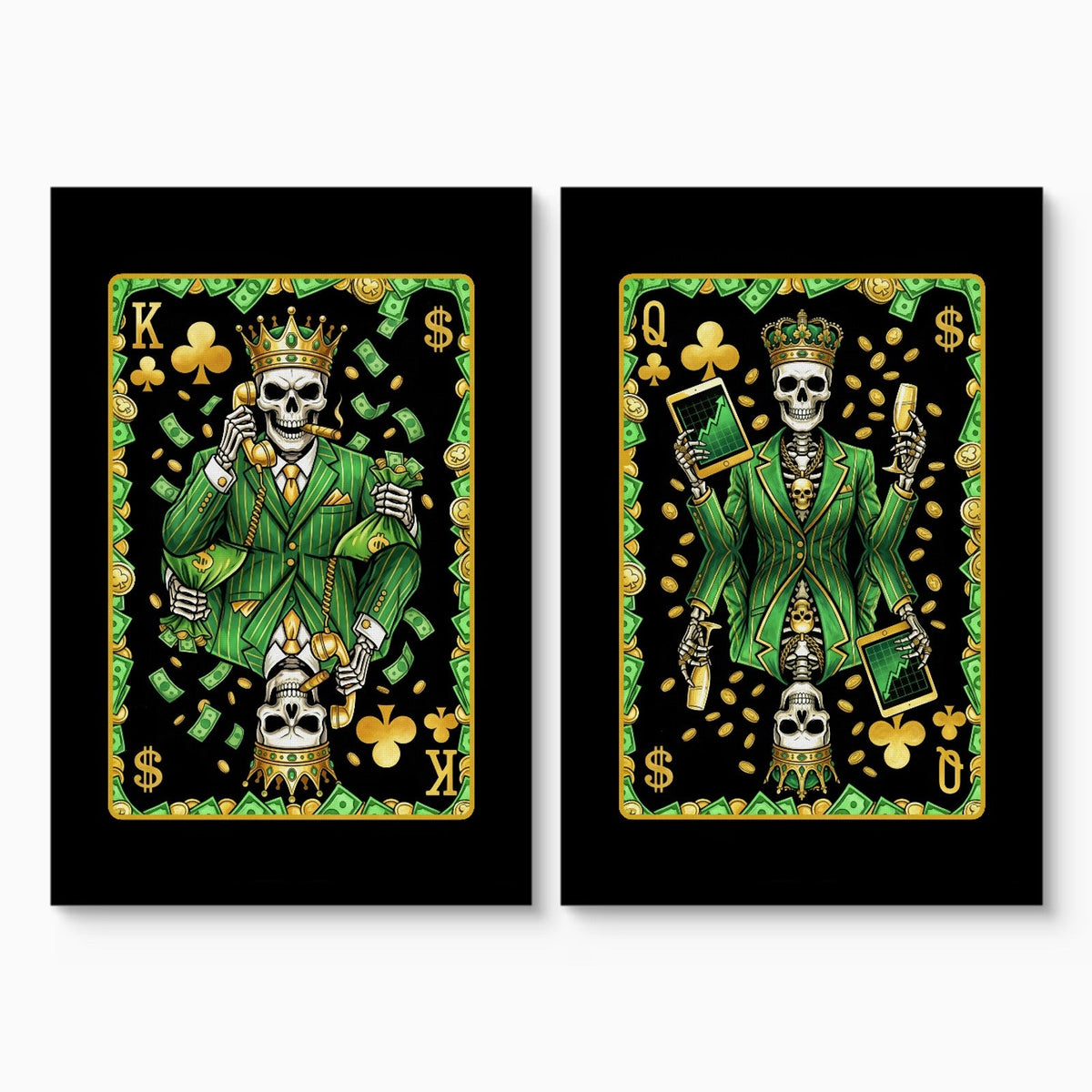 Money Skull Playing Card Art - King & Queen Set - Thedopeart