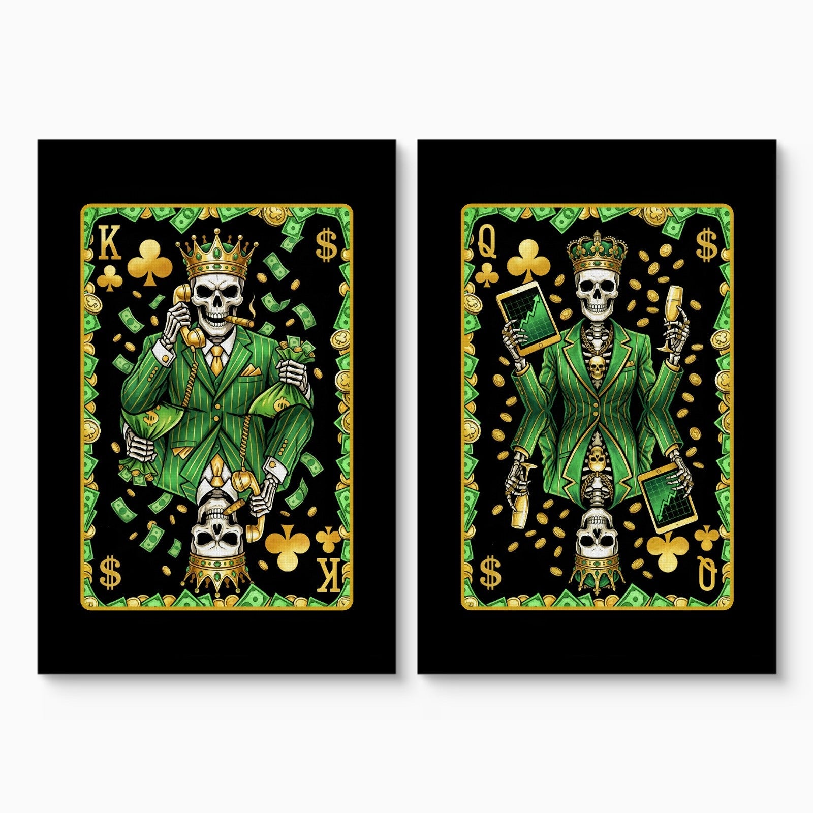 Money Skull Playing Card Art - King & Queen Set - Thedopeart