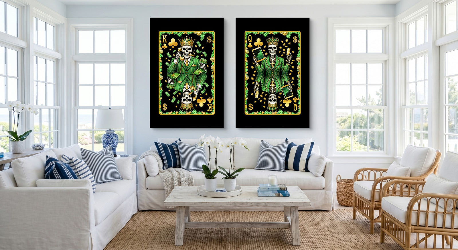 Money Skull Playing Card Art - King & Queen Set canvas set on white