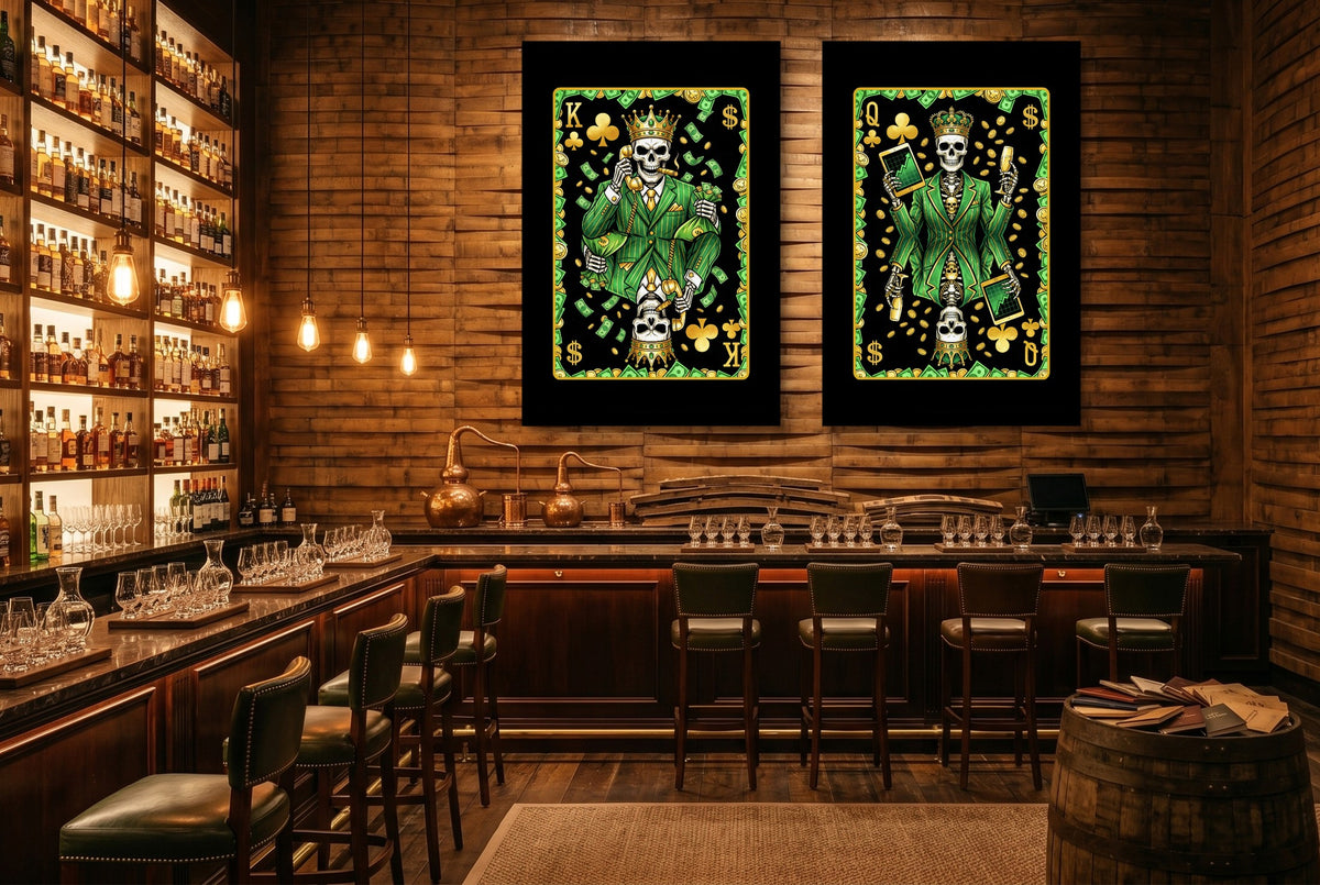 Money Skull Playing Card Art - King & Queen Set gallery-wrap canvas in a room