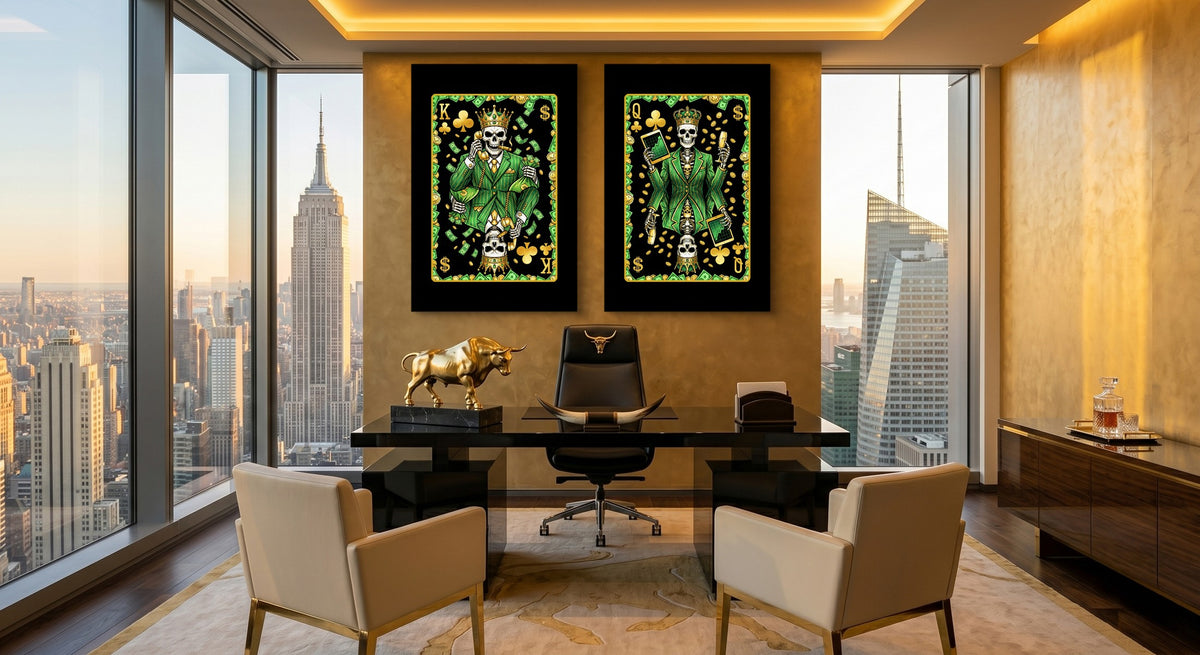 Money Skull Playing Card Art - King & Queen Set gallery-wrap canvas in a room