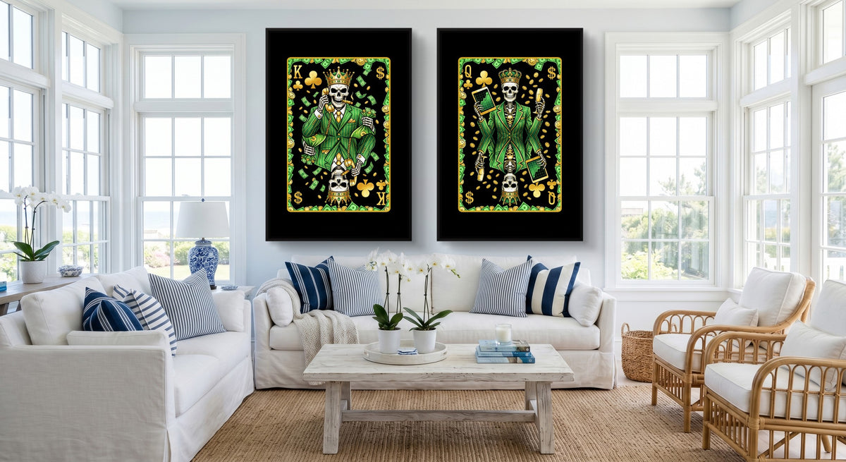 Money Skull Playing Card Art - King & Queen Set black-framed canvas in a room