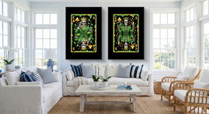 Money Skull Playing Card Art - King & Queen Set black-framed canvas in a room