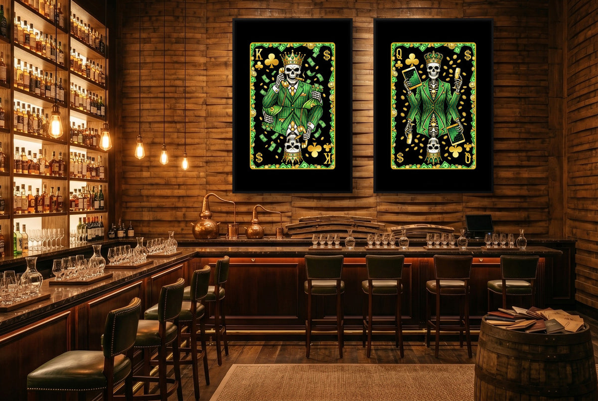 Money Skull Playing Card Art - King & Queen Set black-framed canvas in a room
