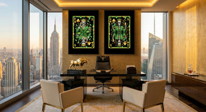 Money Skull Playing Card Art - King & Queen Set black-framed canvas in a room