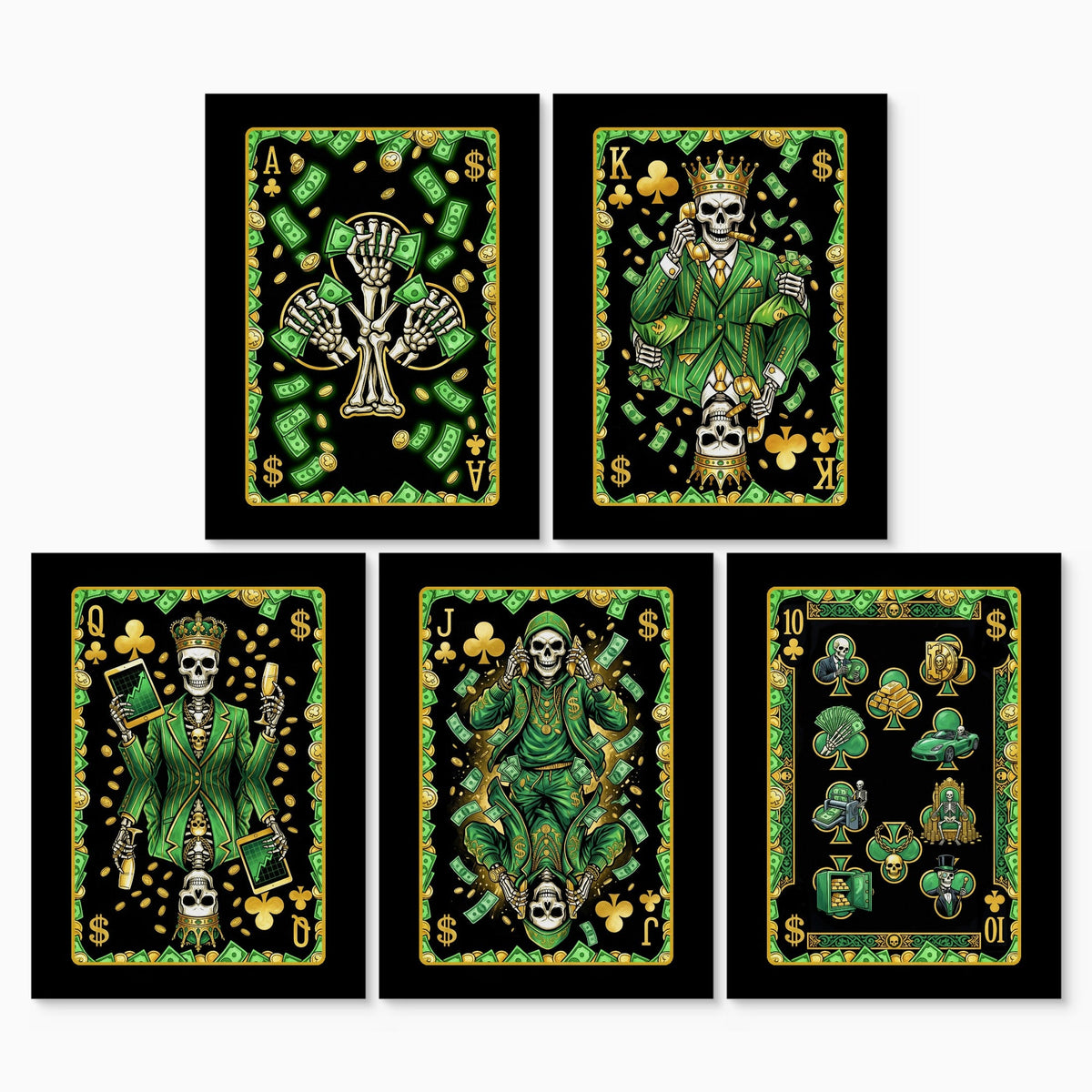 Money Skull Playing Card Wall Art - 5 Piece Set canvas print set, 2 over 3, no frame