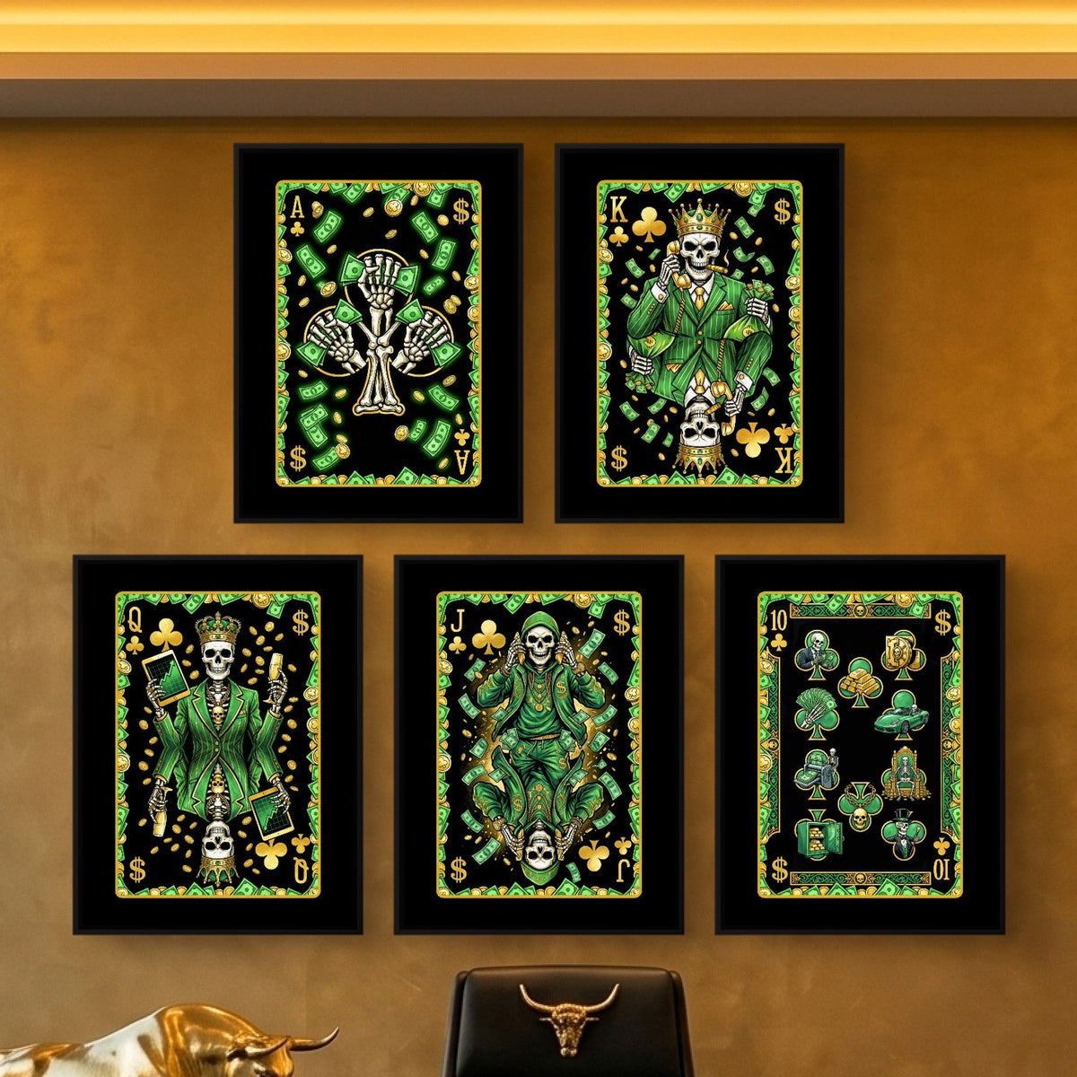 Money Skull Playing Card Wall Art - 5 Piece Set - Thedopeart