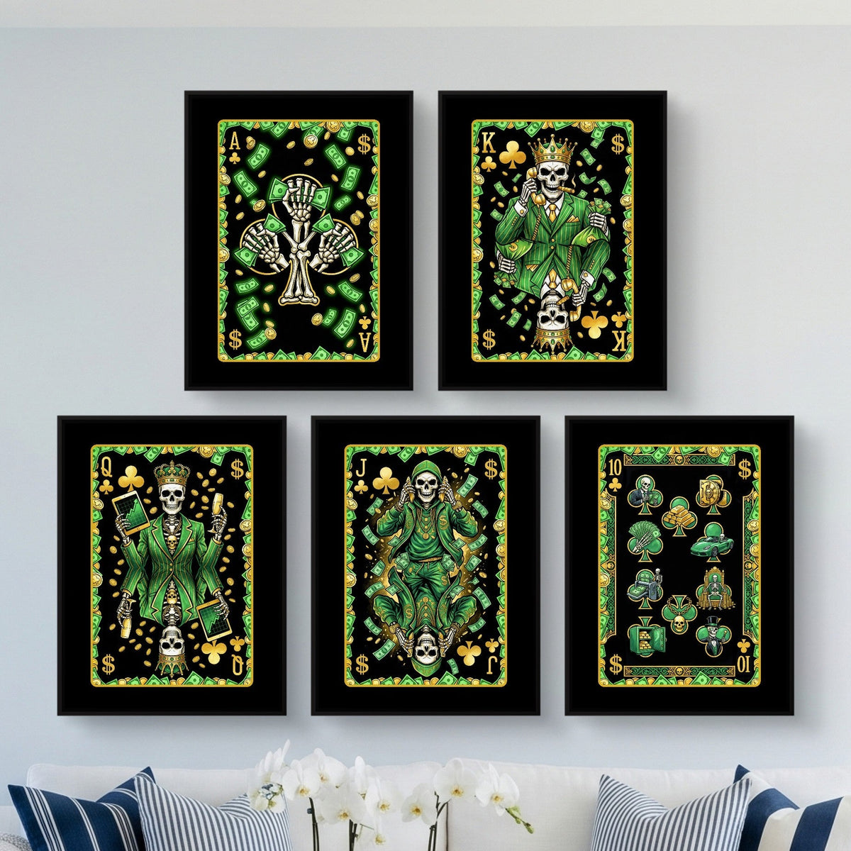 Money Skull Playing Card Wall Art - 5 Piece Set - Thedopeart