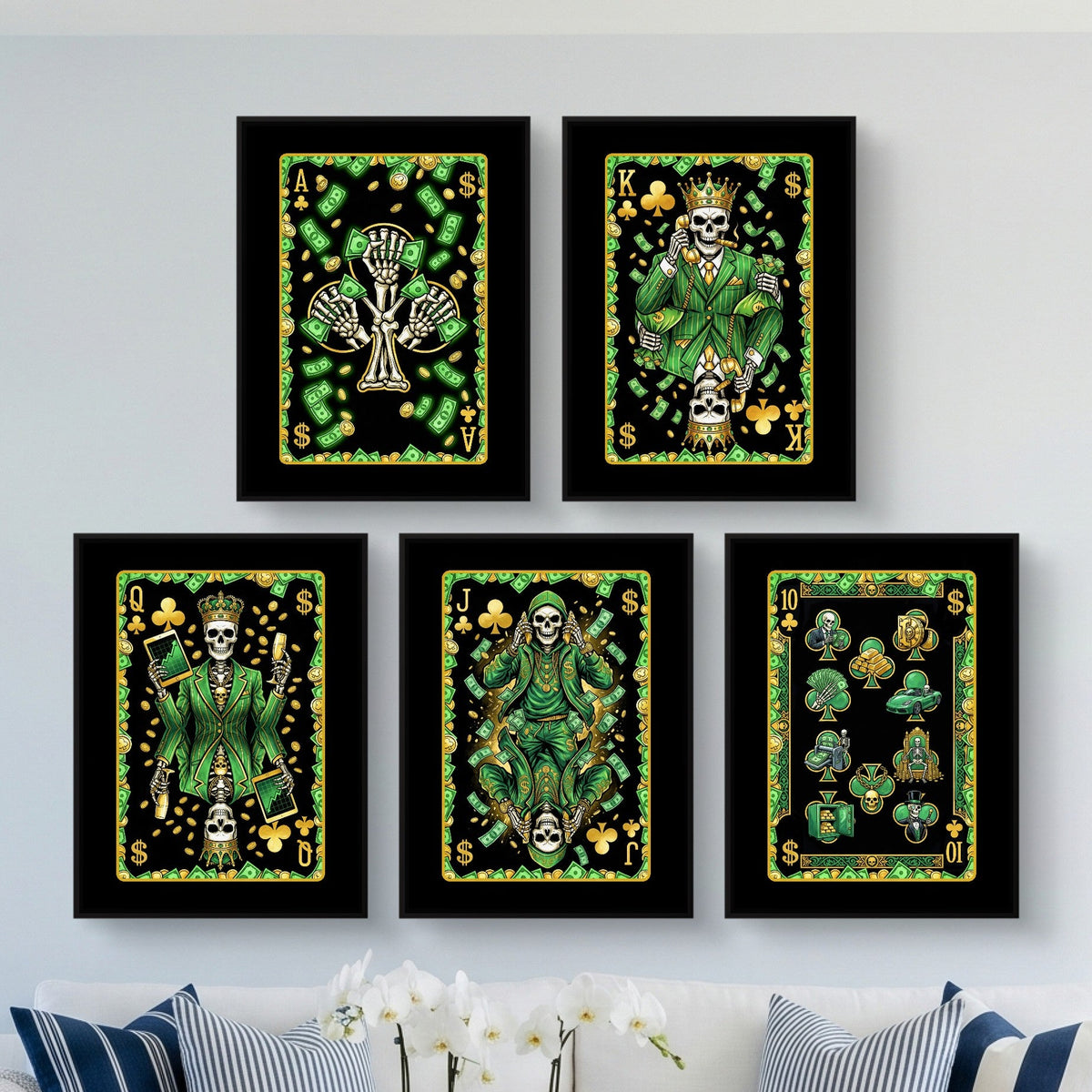 Money Skull Playing Card Wall Art - 5 Piece Set framed set in a bright living room
