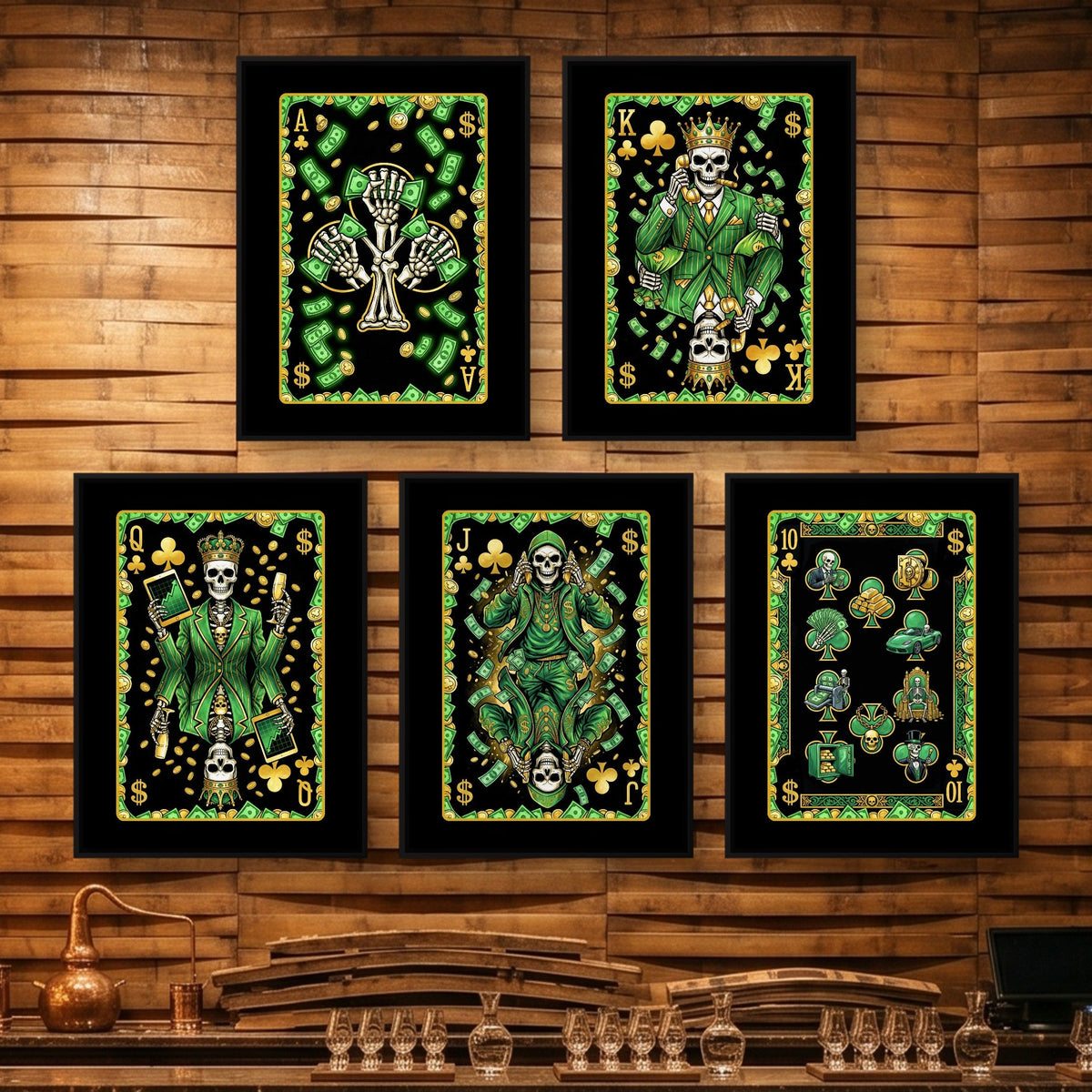 Money Skull Playing Card Wall Art - 5 Piece Set framed set on a wooden bar wall