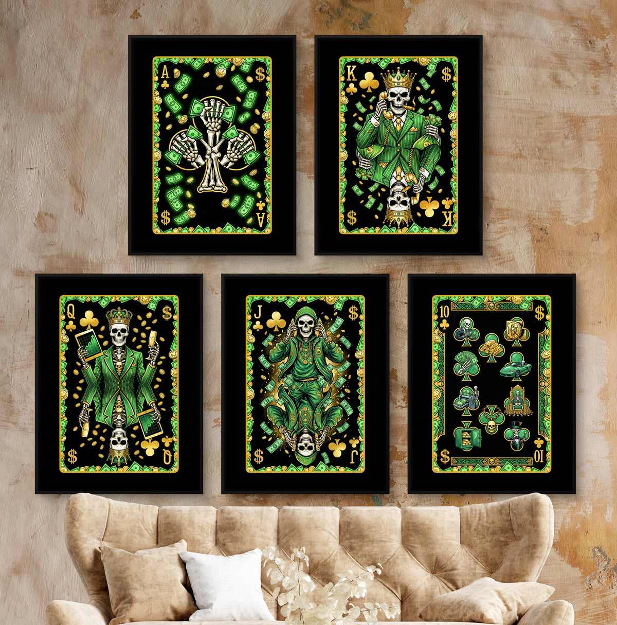 Money Skull Playing Card Wall Art - 5 Piece Set framed set on a warm clay lounge wall
