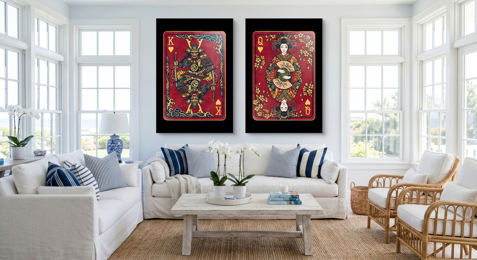 Samurai Playing Card Art - King & Queen 2 Piece Set canvas set on white