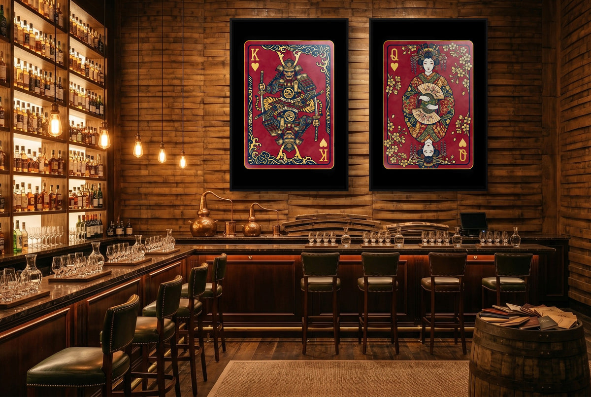 Samurai Playing Card Art - King & Queen 2 Piece Set black-framed canvas in a room