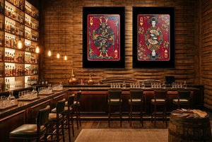 Samurai Playing Card Art - King & Queen 2 Piece Set black-framed canvas in a room