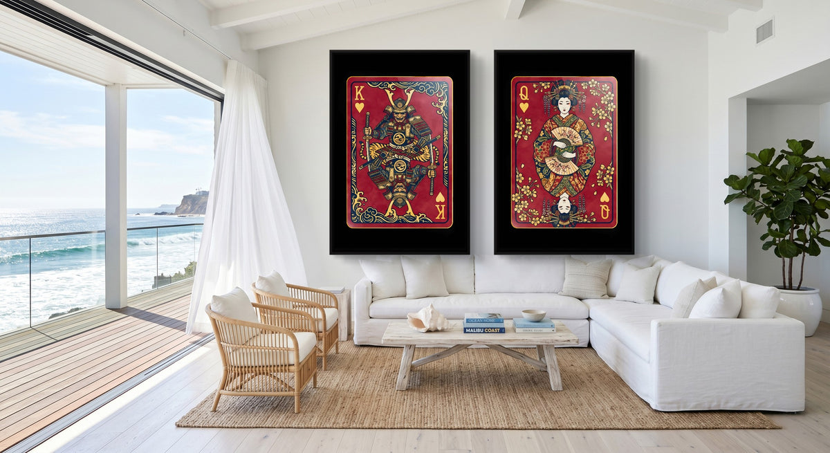 Samurai Playing Card Art - King & Queen 2 Piece Set black-framed canvas in a room