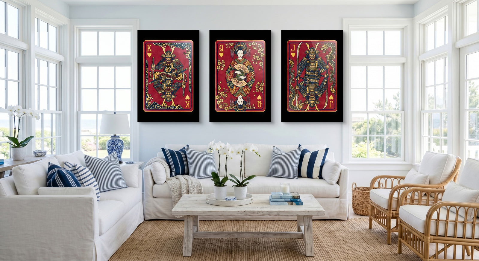 Samurai Playing Card Art - King Queen Jack Set canvas set on white
