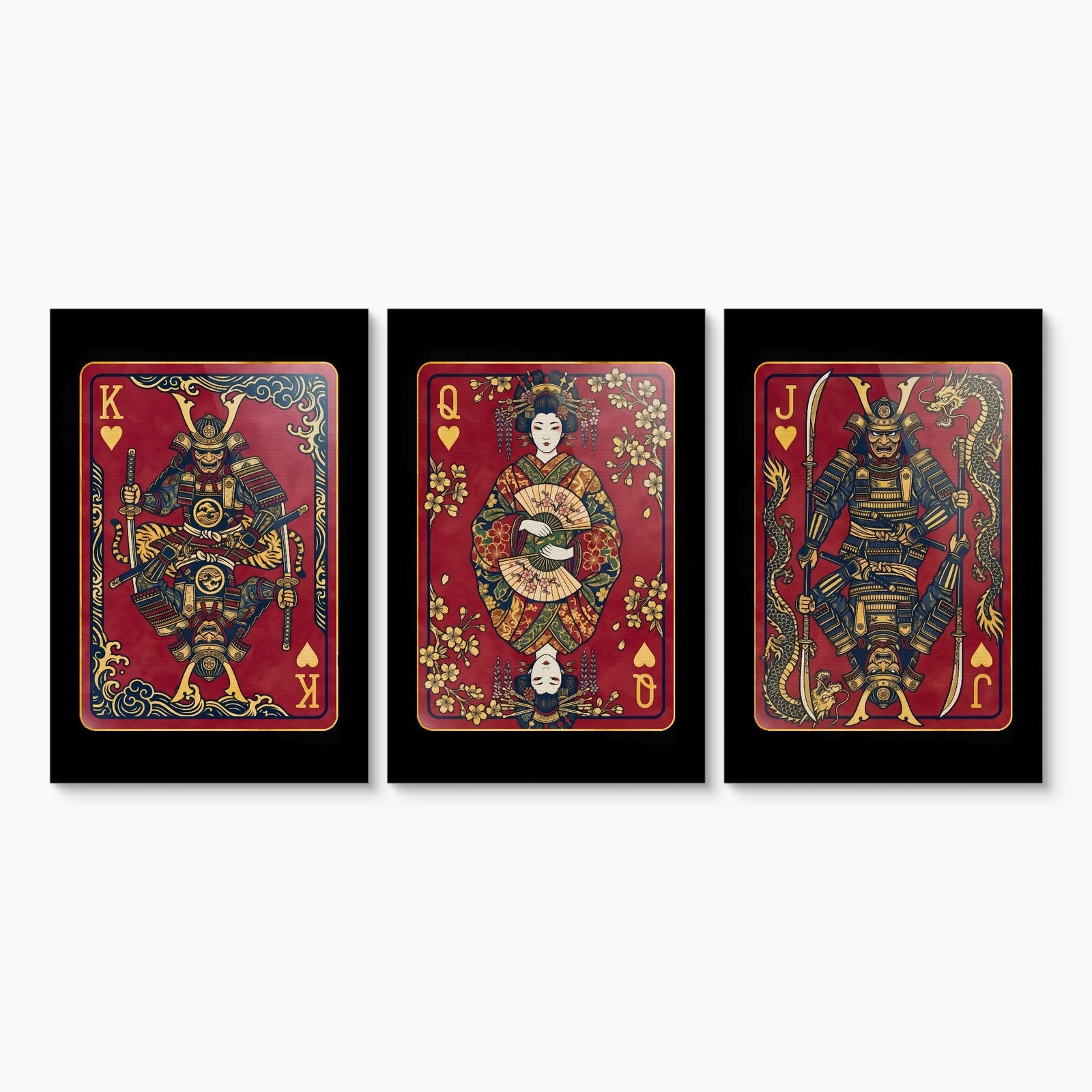 Samurai Playing Card Art - King Queen Jack Set canvas set on white