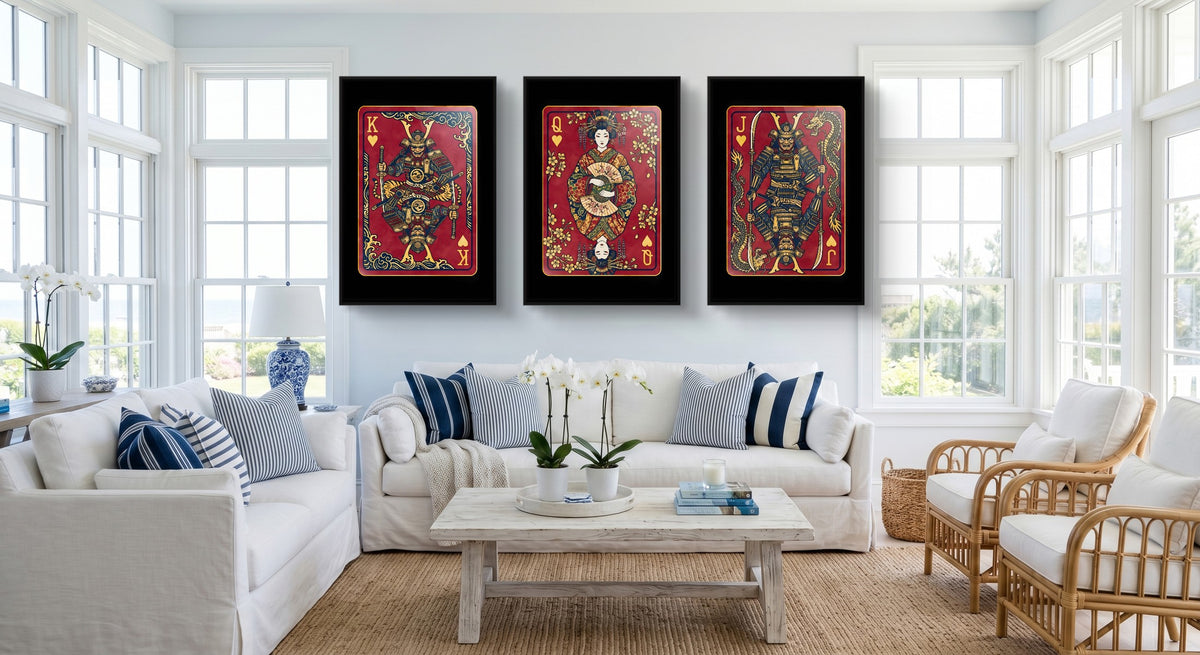 Samurai Playing Card Art - King Queen Jack Set black-framed canvas in a room