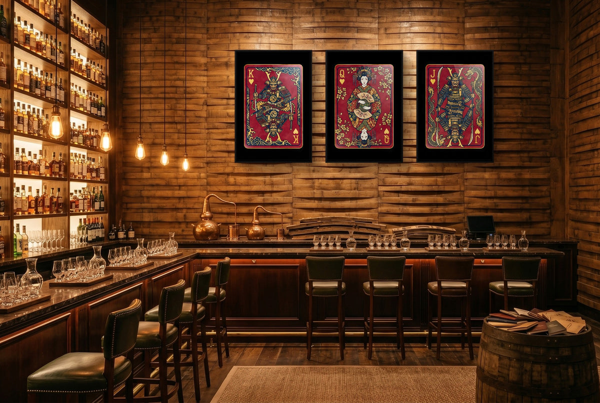 Samurai Playing Card Art - King Queen Jack Set black-framed canvas in a room