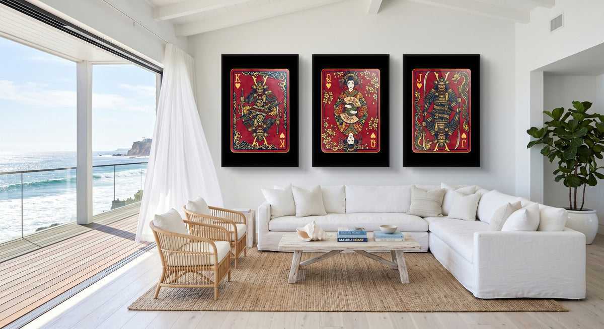 Samurai Playing Card Art - King Queen Jack Set black-framed canvas in a room