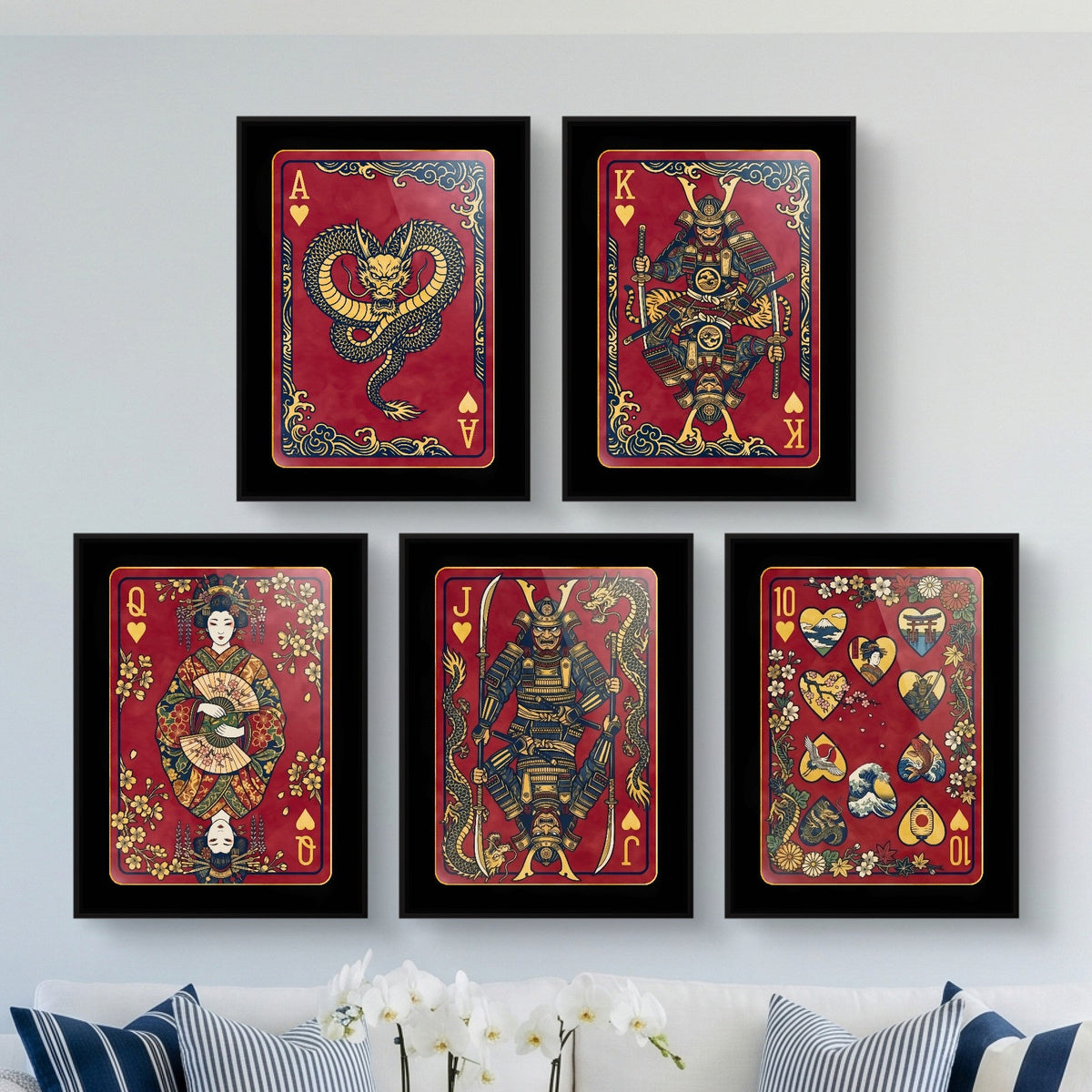 Samurai Playing Card Wall Art - 5 Piece Poker Set framed set in a bright living room