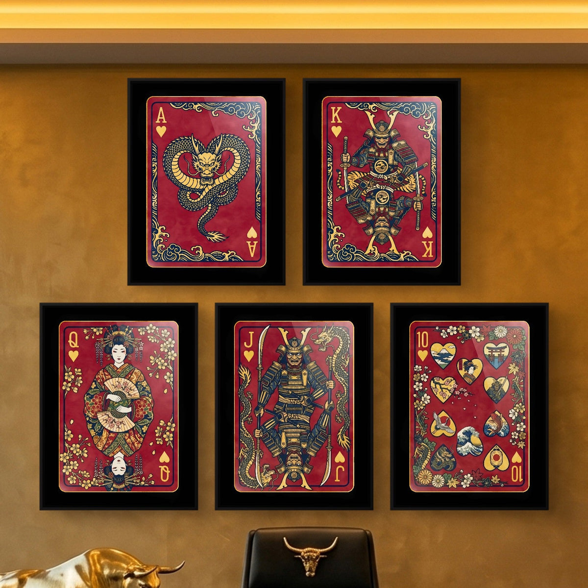 Samurai Playing Card Wall Art - 5 Piece Poker Set framed set in a gold office
