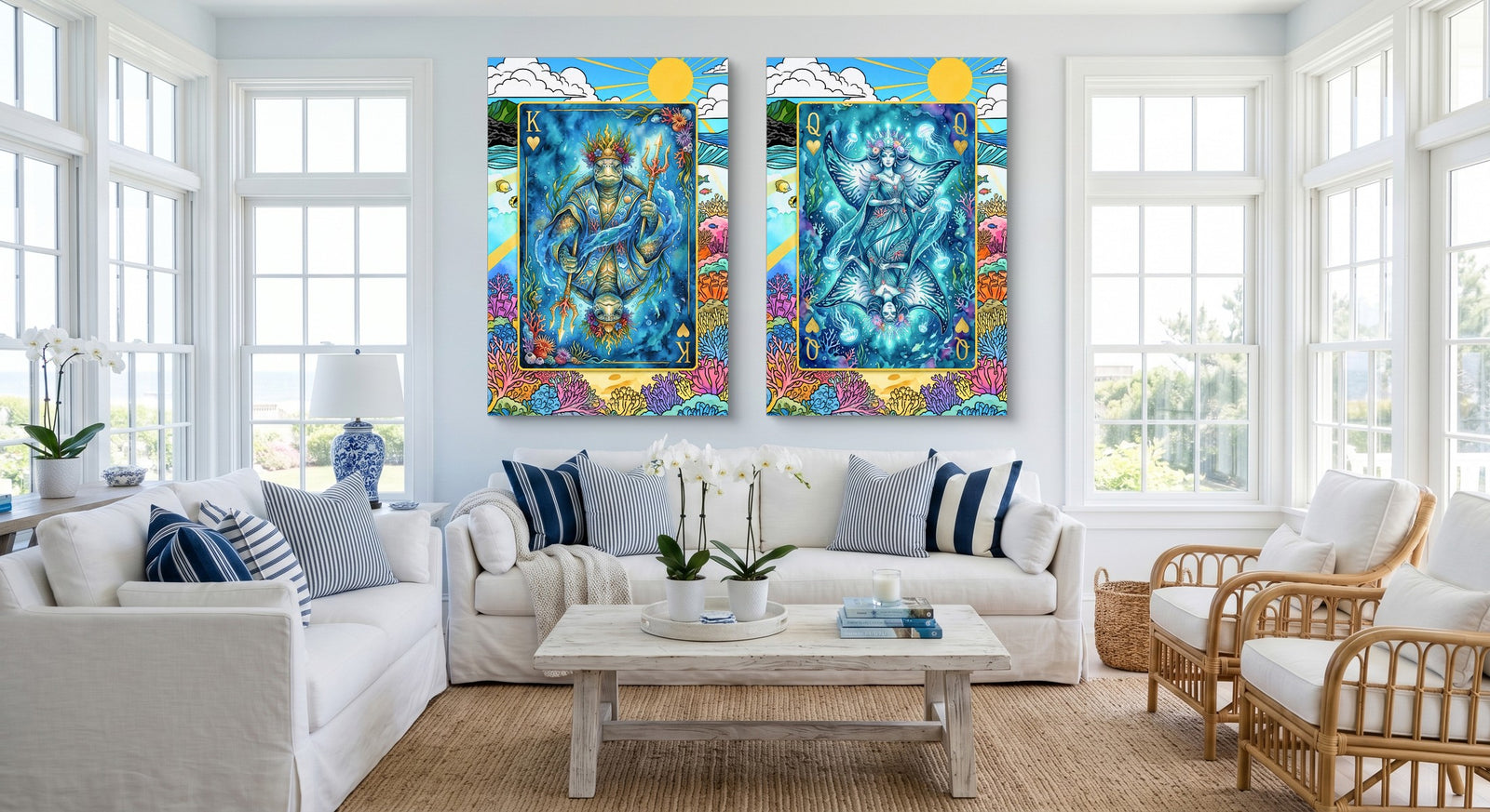 Sea Life Playing Card Art - King & Queen 2 Piece Set canvas set on white