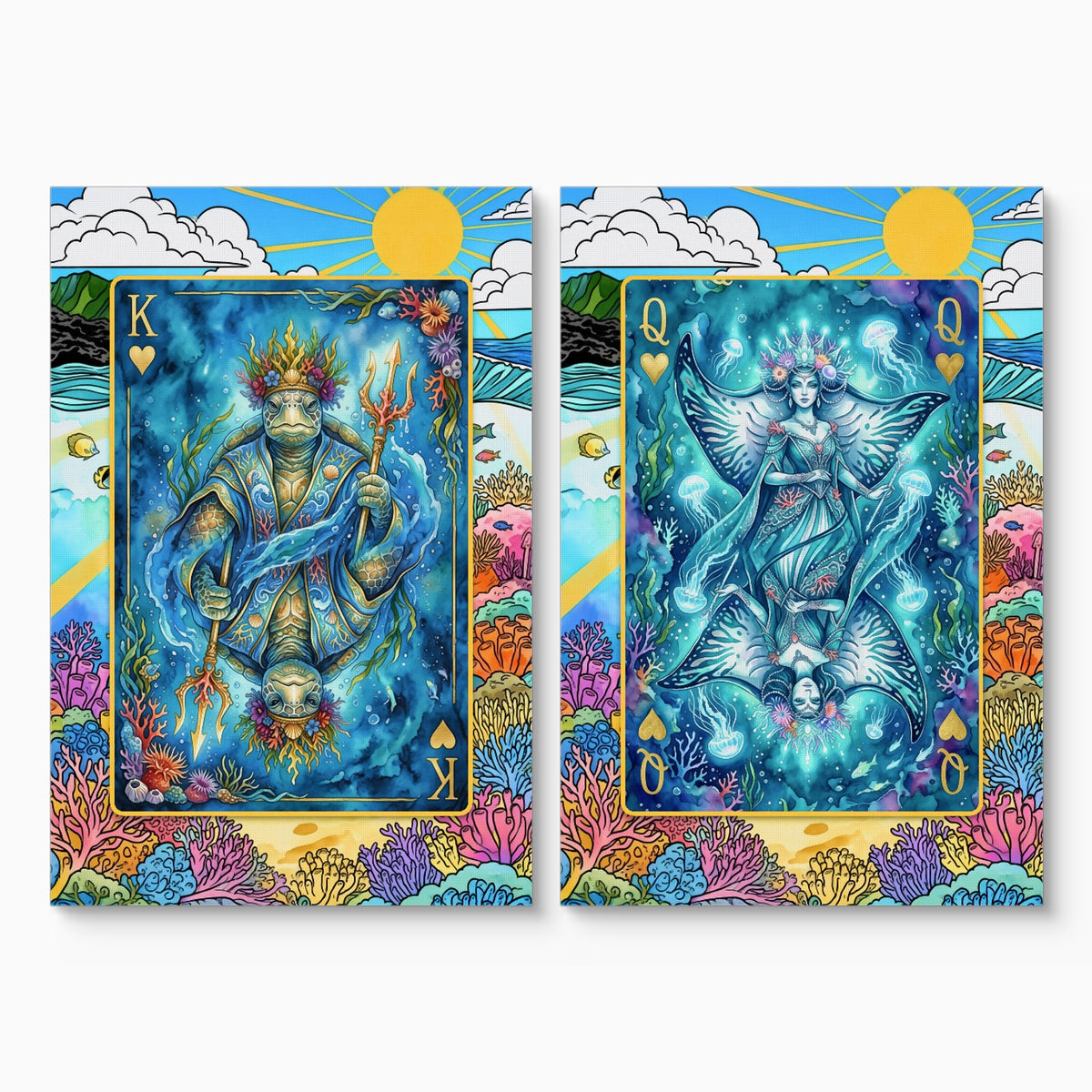 Sea Life Playing Card Art - King & Queen 2 Piece Set canvas set on white